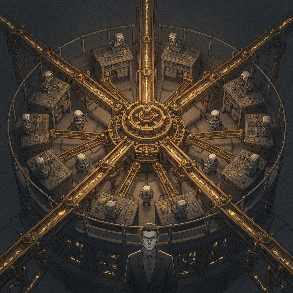 Agents at work around one governed machine, answerable to people in named roles