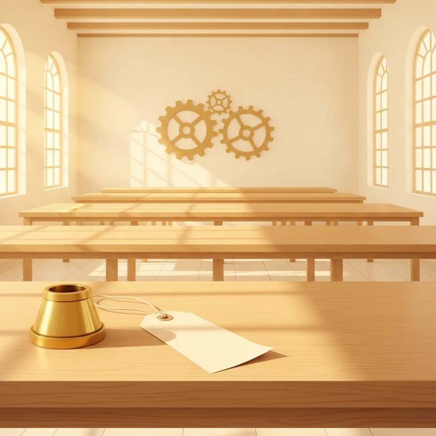 Bright workshop hall at street level with rows of workbenches, brass gears on the wall, a ledger tag and coin dish in the foreground.