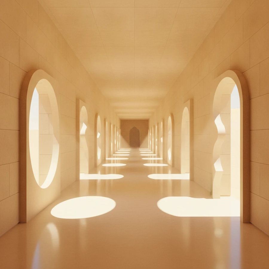 Bright colonnade lined with open doorways of different shapes, warm light falling through each.