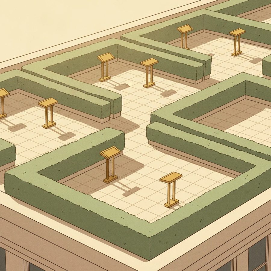 Sunlit rooftop terrace divided into separate hedged plots, each with its own small brass ledger stand.