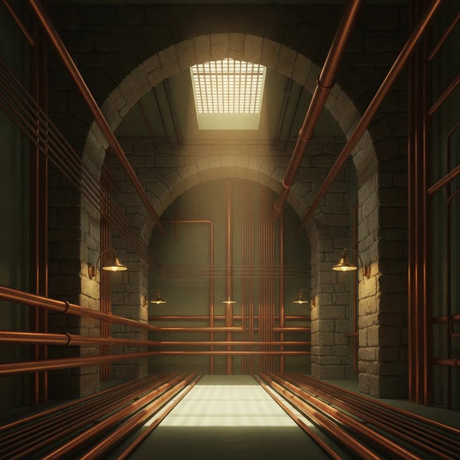 Clean deep basement hall of copper pipes and stone foundation arches, lit by lamps and a shaft of daylight from a grate above.