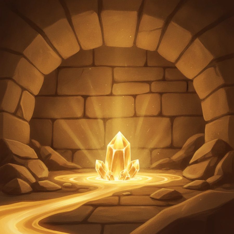 A single glowing golden crystal in a pool of light at the stone foundation of a building, rays rising upward.